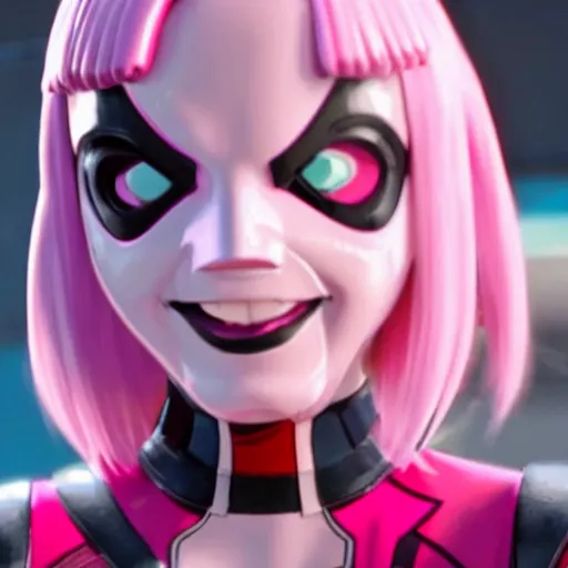 Image similar to A still of Gwenpool in Deadpool 3 (2023), blonde hair with pink highlights, no mask, white and light-pink outfit, smiling and winking at the camera, comics accurate design