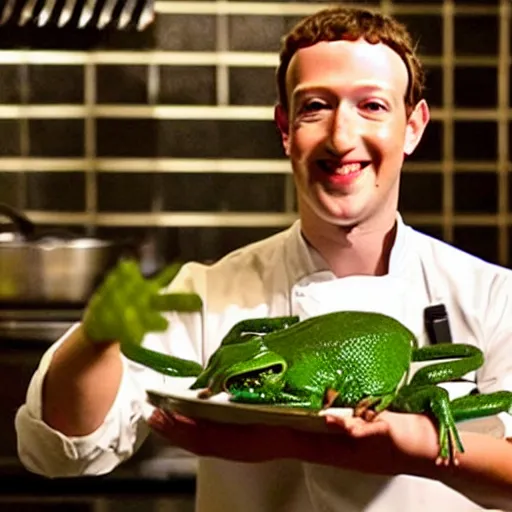 Image similar to mark zuckerberg as a chef offering you a live frog on a plate