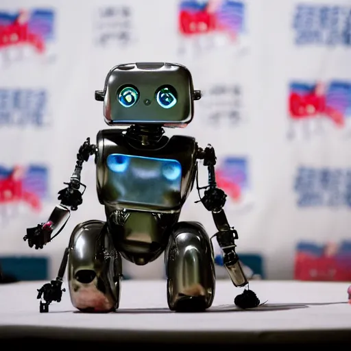 Prompt: LOS ANGELES, CA July 7 2025: Happy Open-Source Transhumanist Cyborg Robot Convention, Cute Robot Best in show awards for cybernetic being