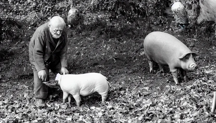 Prompt: An old english man next to a pig collects truffles from the ground, the ground is covered in leaves, black and white photograph