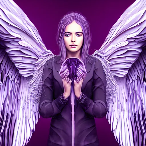 Prompt: a beautiful angel with wavy lilac hair, textured wings, symmetrical facial features, looking sad, ethereal, cyberpunk, realistic, detailed, futuristic,