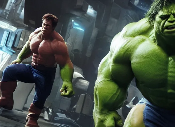 Prompt: Film Still of Hulk playing a videogame in the new Avengers movie, 4k