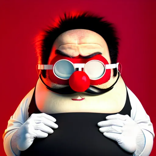 Prompt: a round fat man in a red jumpsuit, wearing shiny black goggles, long pointy pink nose, long spikey light brown moustache, large cartoonish hands with white gloves, evil villain grin, high tech, hdr, 4 k, he is standing over the lorax while laughing