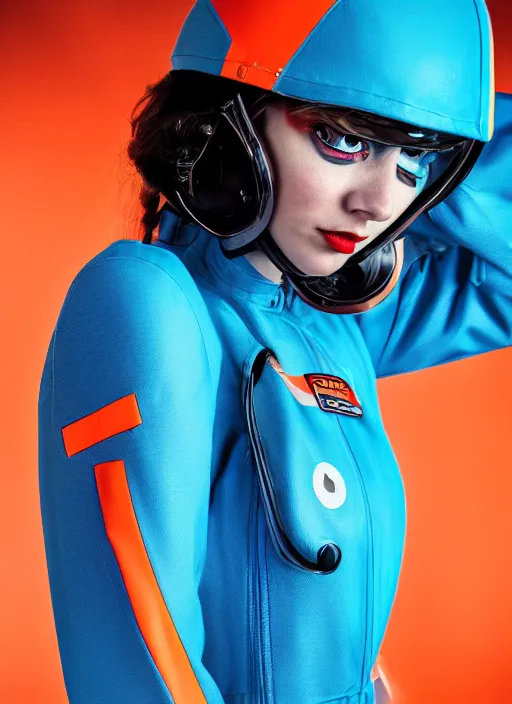 Prompt: symmetry, closeup portrait of a racer girl, cyborg, jumpsuit, in clouds, cinematic light, windy, cyan, orange, by gerald brown, by mikhail