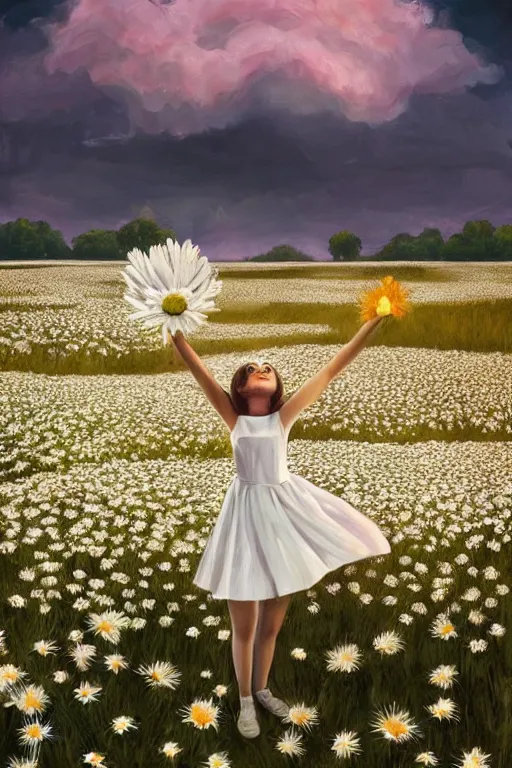 Image similar to giant white daisies flower head, girl dancing in a flower field, surreal photography, sunrise, dramatic light, impressionist painting, colorful clouds, digital painting, artstation, simon stalenhag