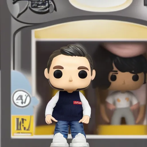 Image similar to a 21 year old skinny white guy with no beard and short black hair in a navy blue sweater , jeans and grey new balance shoes funko pop close up highly detailed photo