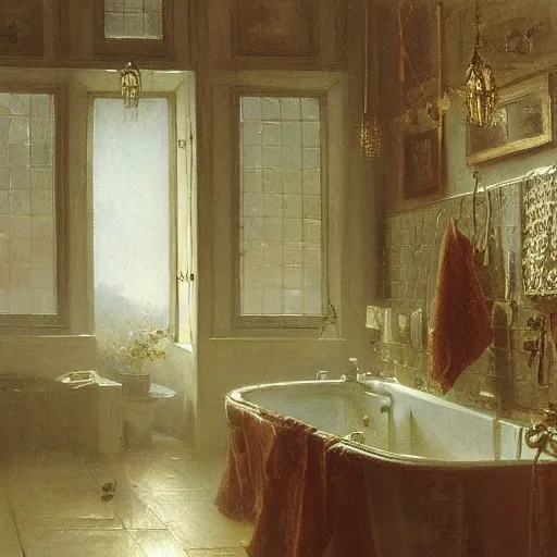 Image similar to detailed painting of a busy bathroom, filigree ornaments, fog, andreas achenbach,