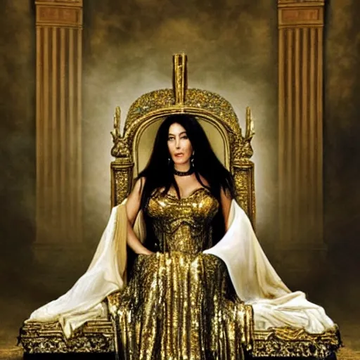 Image similar to Monica Bellucci as a Goddess sitting on a throne