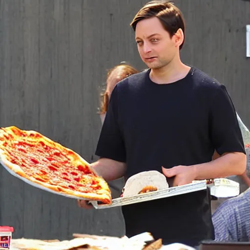 Image similar to tobey maguire eating the biggest pizza in the world