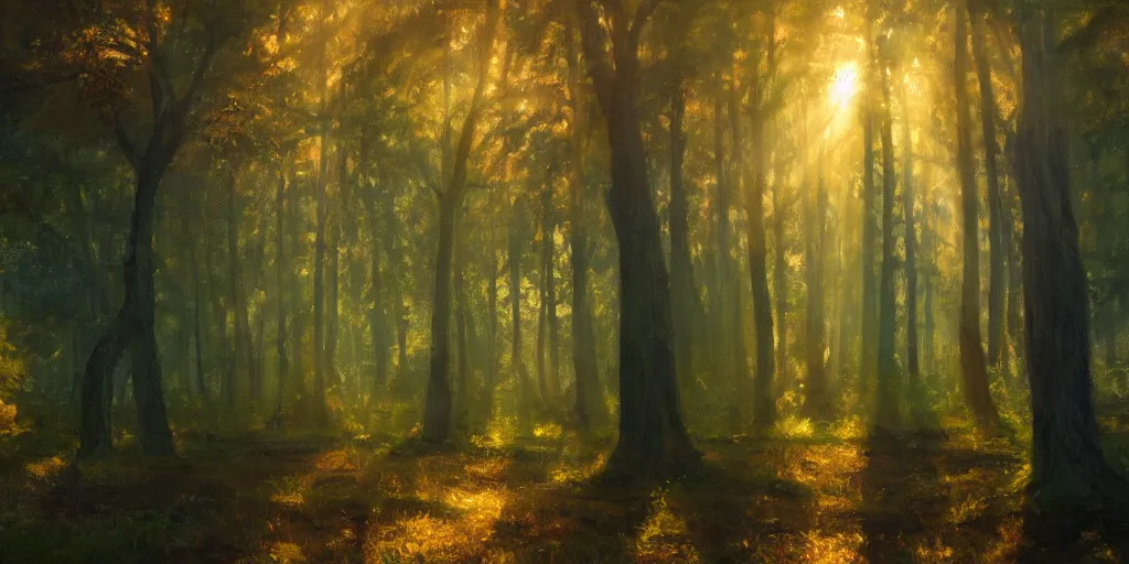 Image similar to An oil painting of an intensely beautiful forest in the morning; rays of light coming through the canopy; trending on artstation