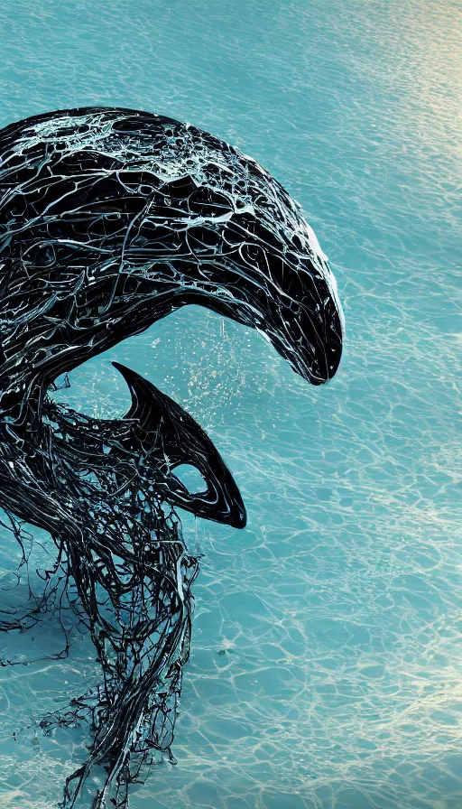 Image similar to color pentax photograph of a biomechanical orca spirit emerging from the sea, made up of bits of plastic and skin and metal, shiny, wet, made of nanomaterials, metallic, solarpunk, post apocalyptic, hyper realistic, epic angle, octane render, unreal engine render, 8k, super detailed, SLEEK!!