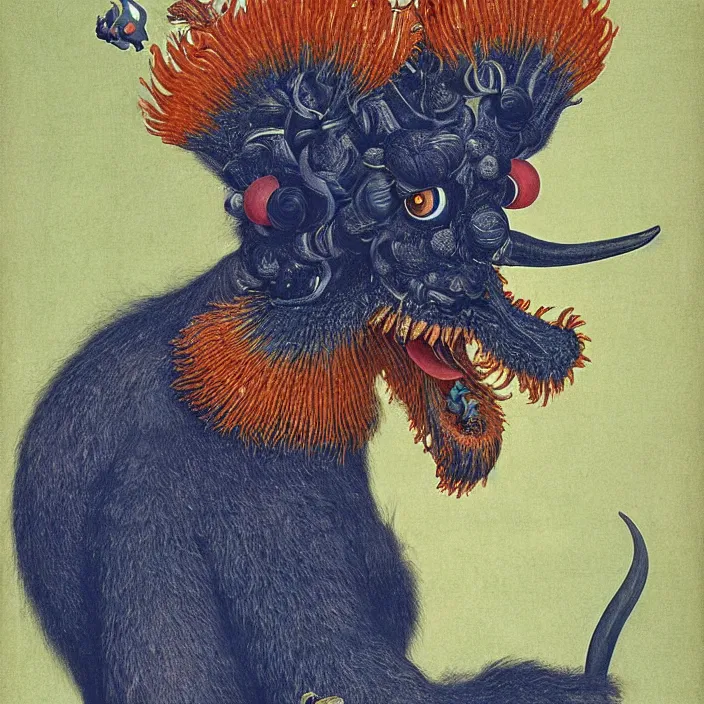 Image similar to close up portrait of a mutant monster creature with white fluffy moth pouf, exotic lily ears, psychedelic dark blue coral protuberances, cuttlefish pulsing malachite tendrils. by jan van eyck, walton ford