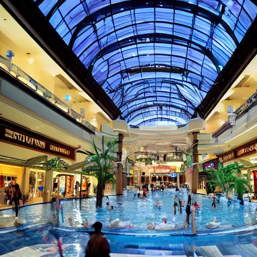 Prompt: photo of inside a shopping mall the inside is flooded with over 1 5 meters of water clear beautiful water, highly detailed.