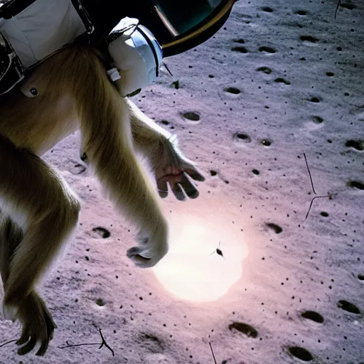 Prompt: high quality photo of a monkey astronaut stepping on the moon