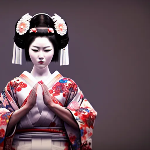 Prompt: an android geisha praying, looking left, wearing a flowing kimono and tattoos, octane render, unreal engine, 8 k, cinematic, artwork by ilya kuvshinov