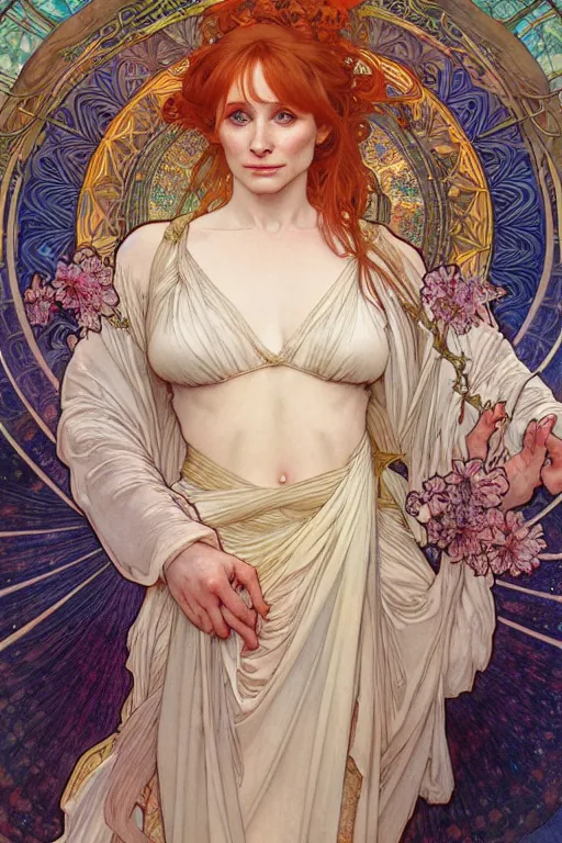 Prompt: realistic detailed true to life full portrait of mother goddess Bryce Dallas Howard in flowing robes by Alphonse Mucha, Ayami Kojima, Amano, Charlie Bowater, Greg Hildebrandt, Jean Delville fertile, fecund, smooth