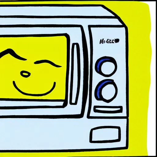 Prompt: A microwave with a cartoon :3 face drawn in yellow crayon