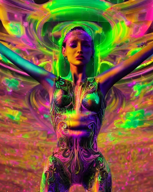 Prompt: a powerful energy psychedelic woman, by alexander fedosav, hyper detailed digital matte painting, concept art, hyperrealism, 1 6 k resolution, cinema 4 d, 8 k resolution, trending on artstation, behance hd, a masterpiece, by stephan martiniere, particles, cel - shaded, power bright neon energy, by david a. hardy,