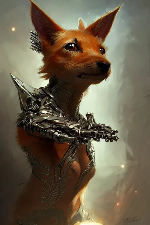 Image similar to cyborg norwichterrier with human body, fantasy, intricate, elegant, highly detailed, digital painting, artstation, concept art, smooth, sharp focus, illustration, art by artgerm and greg rutkowski and aleister crowley