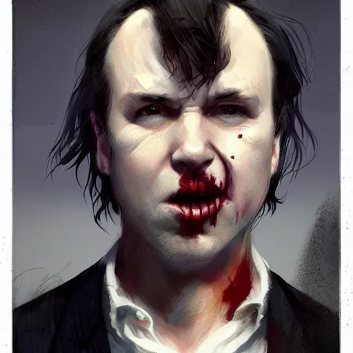 Prompt: american comedian doug stanhope as a vampire witch in the style of greg rutkowski, makoto shinkai, trending on artstation, character design, concept art, similar face, highly detailed, long black hair, portrait, digital art