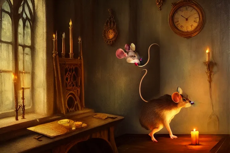 Prompt: A mouse in a Gothic atelier, oil painting, detailed, colorful, glowing lighting, 4k, dimly lit, in the style of Yanjung Chen and Tom Bagshaw,