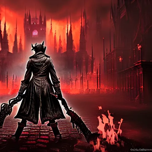 Prompt: bloodborne fps, flames, soft focus, dark, 4 k