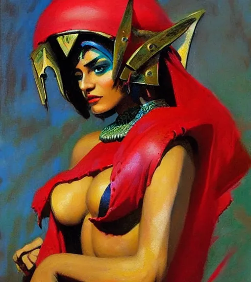 Image similar to portrait of strong iranian female chaos angel, beautiful! coherent! by frank frazetta, by brom, strong line, vivid neon color, spiked scrap metal armor, iron helm maximalist