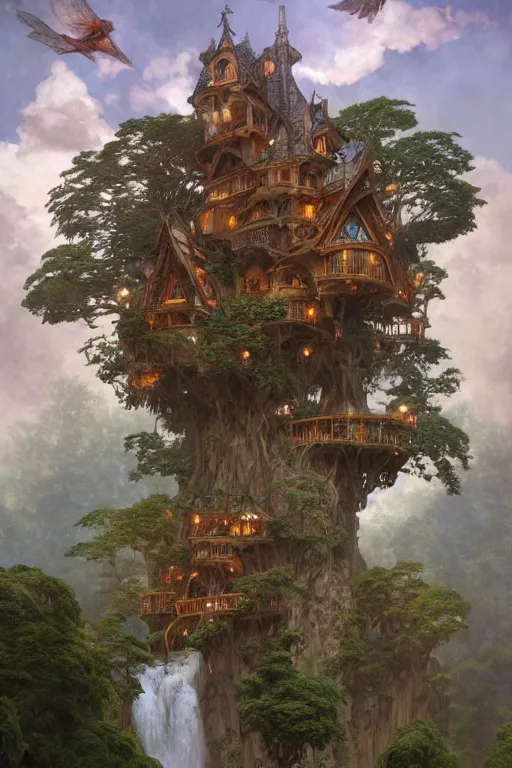 Prompt: a beautiful digital painting of an enormous fairy treehouse built on a waterfall by greg rutkowski, gerald brom, marc simonetti, jean - baptiste monge, maxfield parrish, and alphonse mucha, symmetry, complementary colors, ink illustration, trending on artstation, 8 k