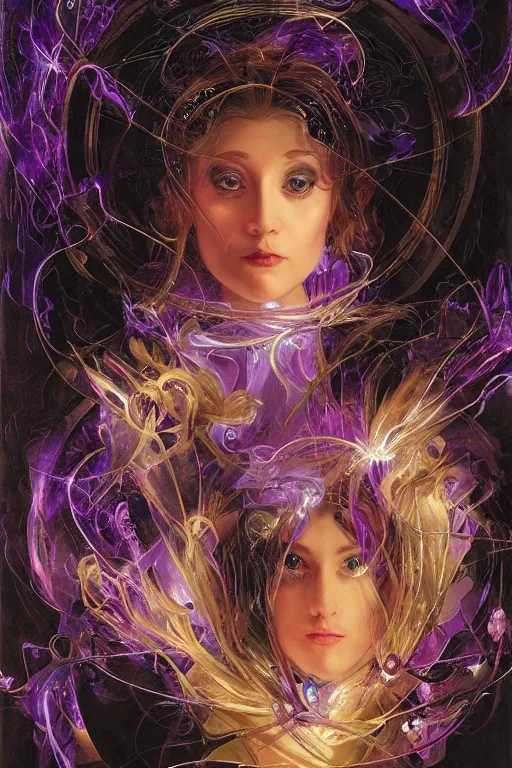 Prompt: she dreams of arcs of purple flame intertwined with glowing sparks, glinting particles of ice, dramatic lighting, steampunk, secret holographic cyphers, red flowers, bright neon solar flares, high contrast, smooth, sharp focus, art nouveau, painting by Caravaggio and Yoshitaka Amano and ruan jia and greg rutkowski and Alphonse Mucha