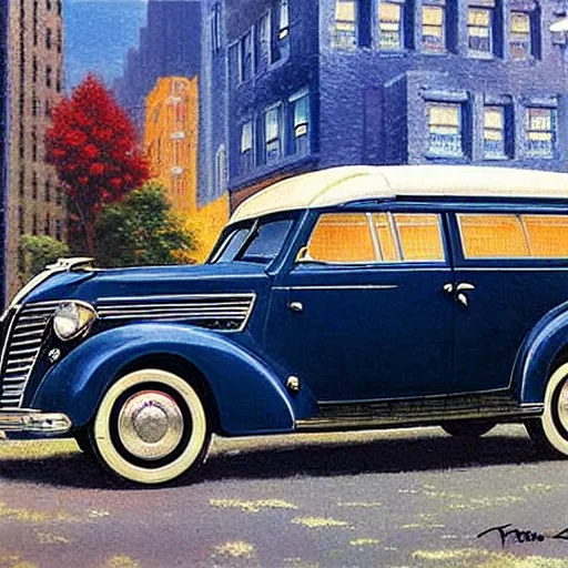 Prompt: dark blue 1 9 3 6 chrysler airstream on new york city street, 1 9 4 0, by thomas kinkade