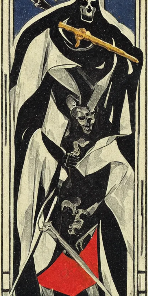 Prompt: an art deco illustration of the grim reaper on a tarot card with an elegant border