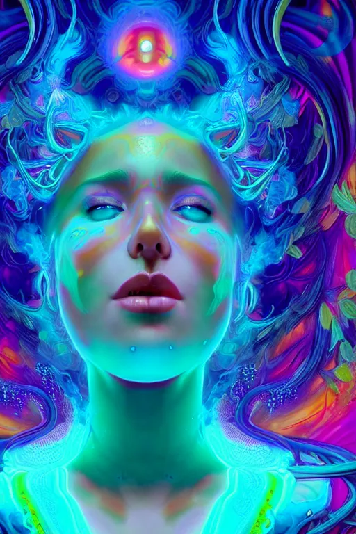 Prompt: a gorgeous woman engulfed in colorful liquid clouds and neon smoke, extremely psychedelic experience, psilocybin, dmt, lsd face, highly detailed, artstation, concept art, blue background, digital art by hana yata, and artem demura and beeple, alphonse mucha, octane render, unreal engine, 8 k