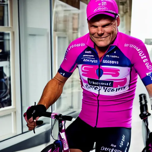 Image similar to Jan Ullrich with Team Telekom shirt and Telekom cap cleaning a window crustal clear, fine details