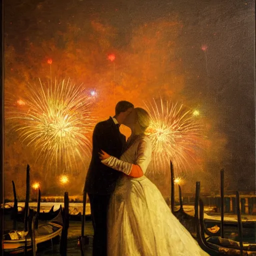 Image similar to an oil painting of couple kissing, in a background fireworks in venice