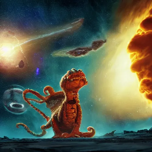 Image similar to one eldritch horror bloody garfield in space, galaxy, hd, 8 k, giant, epic, realistic photo, unreal engine, stars, prophecy, powerful, cinematic lighting, destroyed planet, debris, violent, sinister, ray tracing, dynamic, print, epic composition, dark, horrific, teeth, grotesque, scary