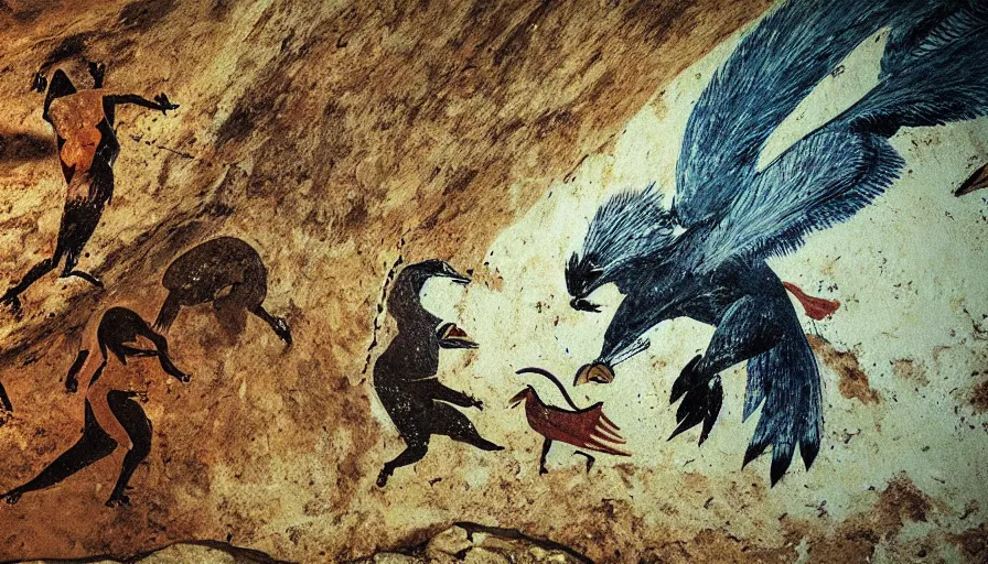Image similar to a photo of neolithic cave painting of patapons fighting a giant bird, 4 k, history channel, japan studio game, art by rolito, high quality