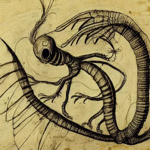 Image similar to leonardo da vinci sketch of a strange worm creature with wings