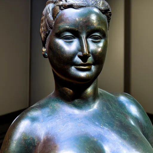 Image similar to detailed photo of an old bronze patina statue of a beautiful curvy woman portrait, intricate detail, museum diffuse lighting