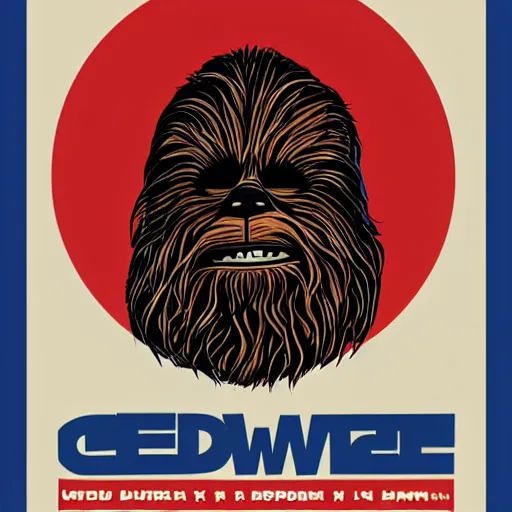 Image similar to chewbacca presidential election poster showing close up of chewbacca face red and blue duotone screenprint by sheperd fairey