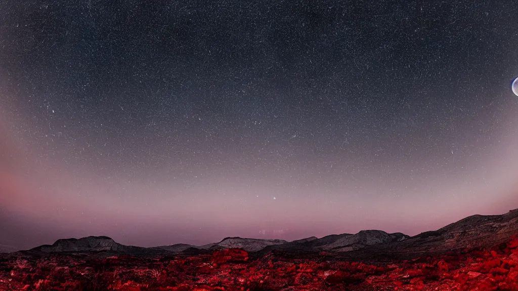 Image similar to Nikon D810 | ISO 800 | focal length 20mm (Voigtländer 20mm f3.5) | Aperture f/9 | Exposure Time 1/20 Sec (DRI 8k ultra realistic night time photography of a mystical cosmic night sky with red smoke and, a perfect big full moon!!!, A glimpse through a small gap in the dark green dense foliage!!!! and overgrowth and the trees!! of the huge full moon over water in a dark sky. wreathed in red smoke!!!, mist, starlight, night-time, volumetric lighting, dark enclosed, cozy, quiet forest night scene, spangled, cosmic