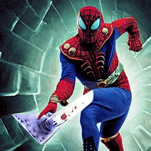 Prompt: Bruce Campbell as mysterio fighting spiderman with a chainsaw hand