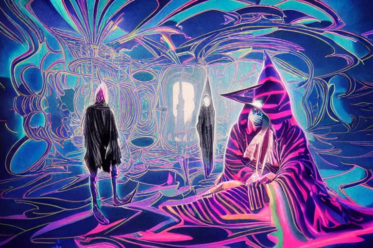 Image similar to a highly detailed beautiful masterpiece photograph of a technomancer wizard in dazzle camouflage robes with pointed hood facetiming his AI djinn hologram in his laboratory near a holographic super-computer by Remedios Varo and Anato Finnstark and Greg Rutkowski and Andy Warhol, dayglo pink, dayglo blue, prismatic, pearlescent white, raven black, hyperrealism, 8k, trending on ArtStation, rendered in Octane, rendered in Unreal engine, award winning, volumetric lighting