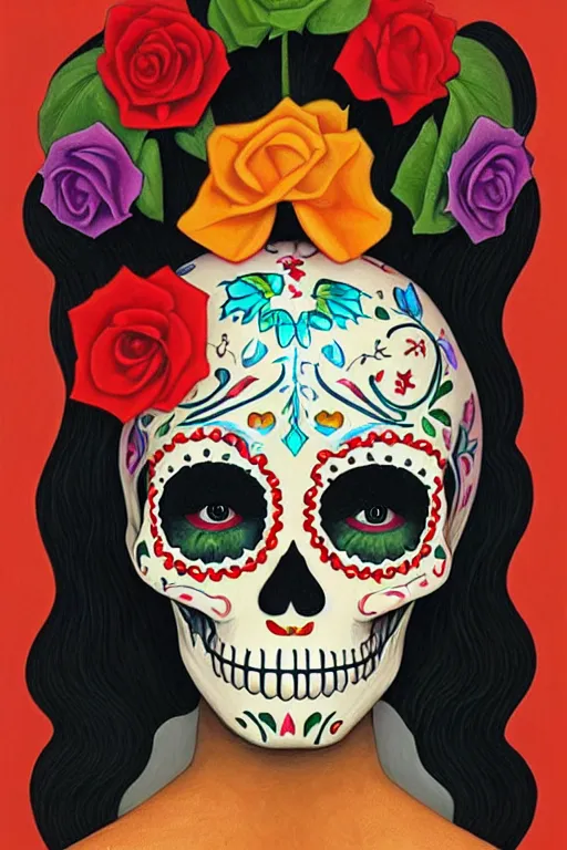 Prompt: illustration of a sugar skull day of the dead girl, art by george tooker