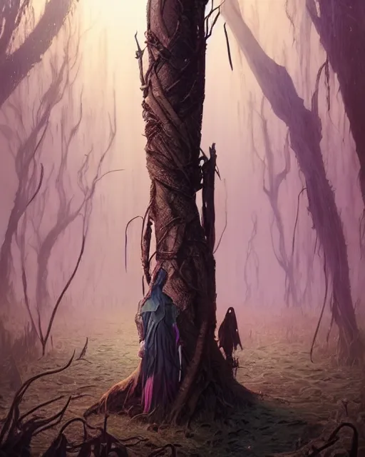 Image similar to highly detailed surreal vfx portrait of a cursed dagger in a shadowy swamp by a willow tree, stephen bliss, unreal engine, greg rutkowski, loish, rhads, beeple, makoto shinkai and lois van baarle, ilya kuvshinov, rossdraws, tom bagshaw, alphonse mucha, global illumination, detailed and intricate environment