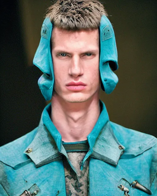 Image similar to an award - winning photo of an ancient male model wearing a plain cropped baggy teal distressed medieval designer menswear military jacket designed by alexander mcqueen, 4 k, studio lighting, wide angle lens, 2 0 0 4