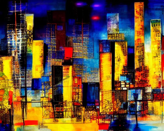 Prompt: an abstract picture of a city at night, an abstract painting by otake chikuha, pixiv, lyrical abstraction, mixed media, cityscape, dynamic composition