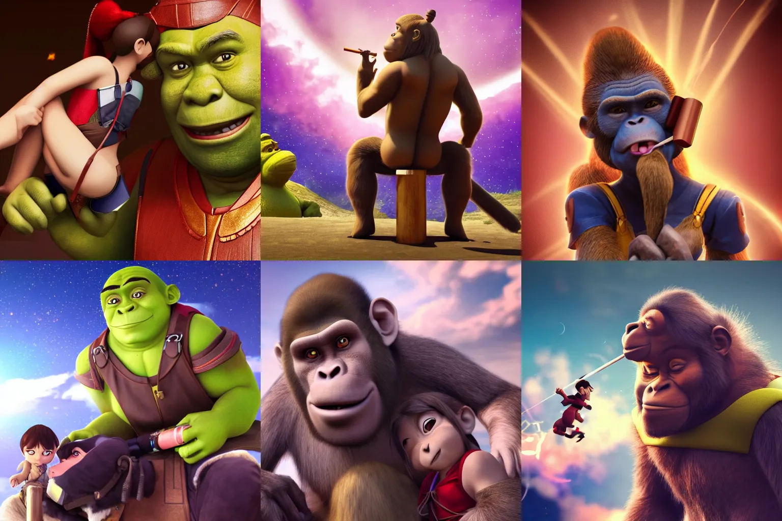 Prompt: Monkey on the back of an anime girl, sitting on, riding like horse, MLG, ISO 500, shrek Kissing thanos, Stalin smoking a cigar while watching on with a telescope. High detail, octane render