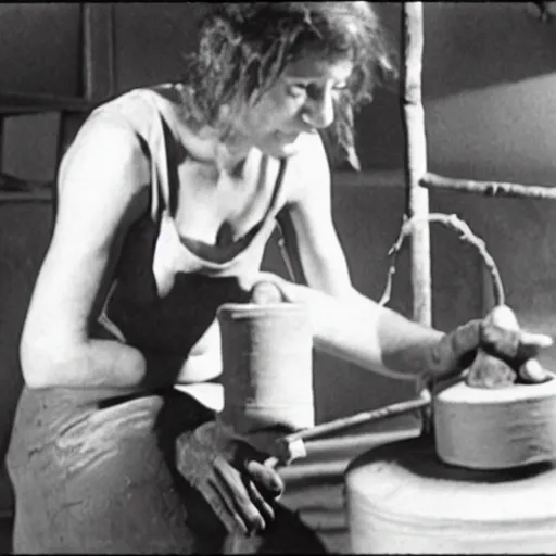 Image similar to film still of a woman sculpting clay on a wheel with an alien standing behind her