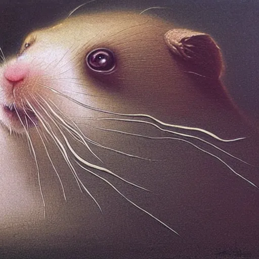 Prompt: A close up shot of an old grumpy hamster, oil painting by Beksinski
