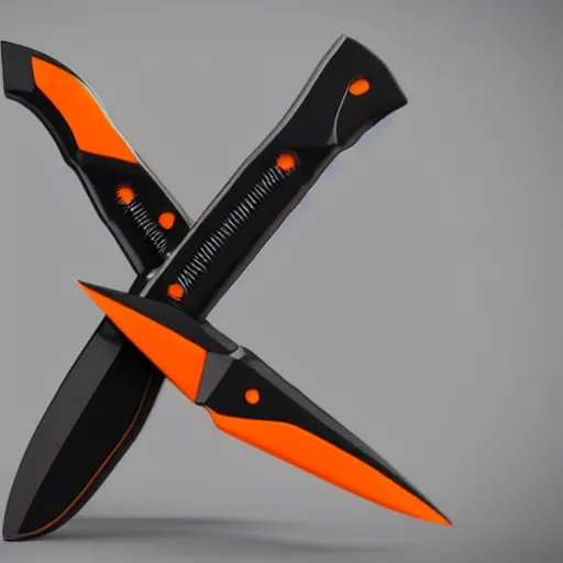 Image similar to a pair of black and orange knifes on a gray background, a 3 d render by dom qwek, trending on polycount, futurism, hard surface modeling, rendered in maya, artstation hd